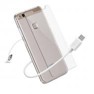 Dėklas Huawei P10 Lite, galinis iš silikono, skaidrus, TPU 0.3 MM, su USB kabeliu 0,5 m, su apsauginius stikliuku H9, 2.5D
