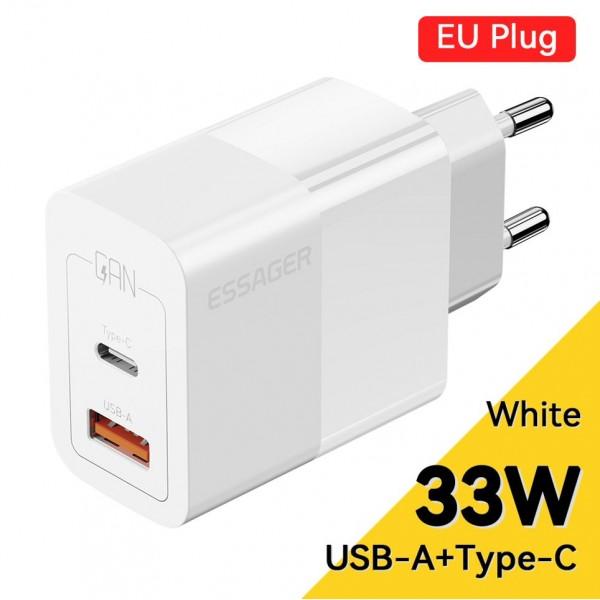 Buitinis kroviklis Type-C + USB, 33W, baltas, ESSAGER GaN PINSON, PD3.0 30W / QC3.0 30W / AFC / SFC / PPS