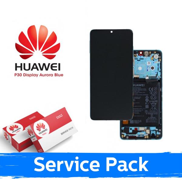 Ekranas su lietimui jautriu stikliuku Huawei P30, su žydru rėmeliu (Aurora), su akumuliatoriumi, (Original Service Pack)