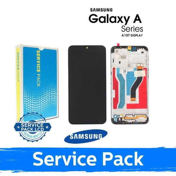 Ekranas su lietimui jautriu stikliuku Samsung Galaxy A10s A107, su juodu rėmeliu, (Original Service Pack)