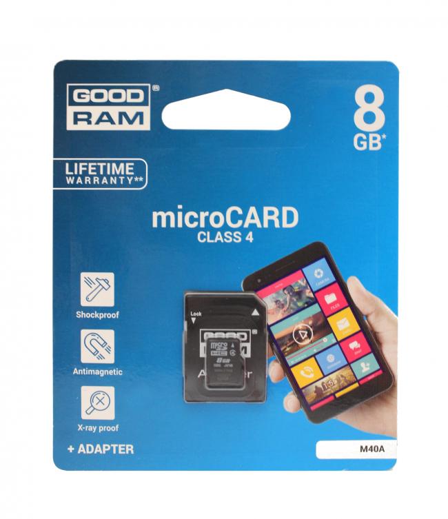 Atminties kortelė microSDHC 8 GB, 4 klasė, su SD adapteriu, GOODRAM