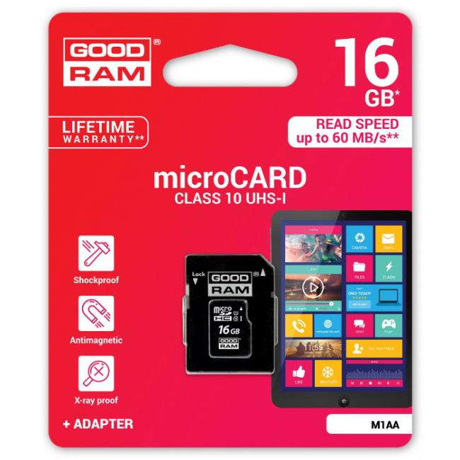 Atminties kortelė MicroSDHC 16 GB, 10 klasė, su SD adapteriu, GOODRAM