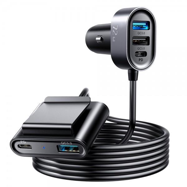 Automobilinis 12-24V kroviklis Type-C + USB, 72W, 2xType-C PD / 3xUSB QC 3.0, su 1.5m ilgintuvu, juodas, JOYROOM JR-CL05