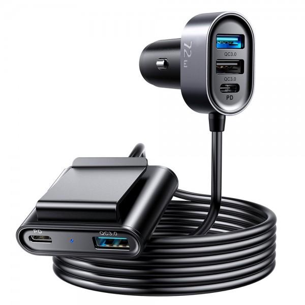 Automobilinis 12-24V kroviklis Type-C + USB, 72W, 2xType-C PD / 3xUSB QC 3.0, su 1.5m ilgintuvu, juodas, JOYROOM JR-CL05