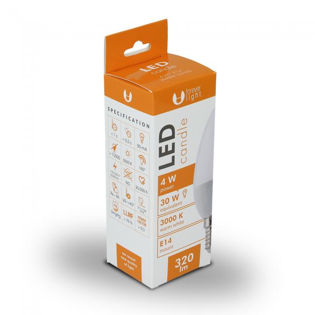 LED lemputė E14, C37, 4 W, 3000 k, šiltai balta