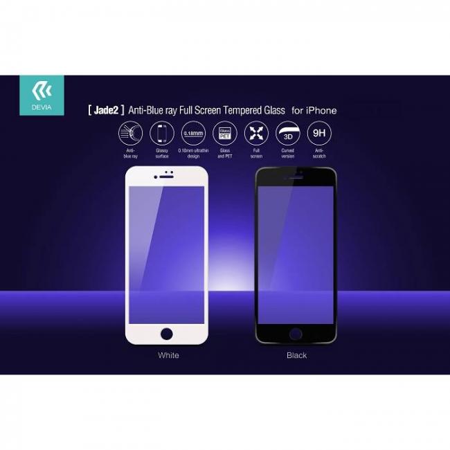 Apsauginis stikliukas, 3D Antiblue, Devia JADE2, 3D Antiblue, su silikoniniais kraštais, Iphone 7 Plus, baltas