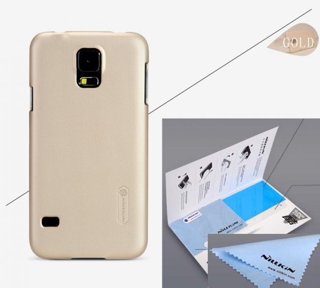 Dėklas Samsung S5, galinis iš silikono, auksinis, su apsaugine plėvele, NILLKIN FROSTED