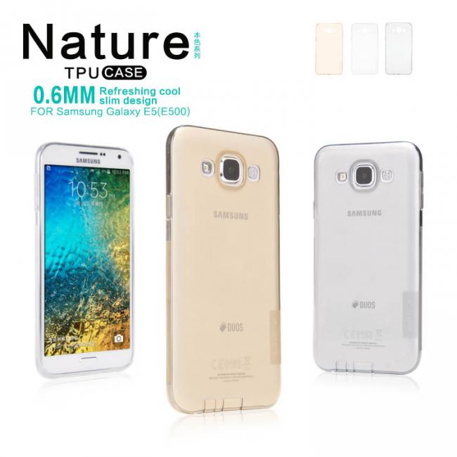 Dėklas Samsung E5, E500, galinis iš silikono, permatomas juodas, NILLKIN NATURE 0,6 mm