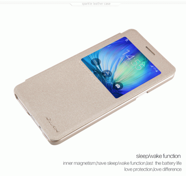 Dėklas Samsung A7, A700, atverčiamas į šoną, auksinis, SPARKLE