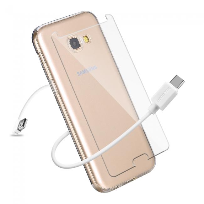 DUX DUCIS dėklai, 3in1 komplektas, Samsung A3 2017, 0.3mm skaidrus deklas, USB kabelis 50cm, Grudintas stiklas H9, 2.5D