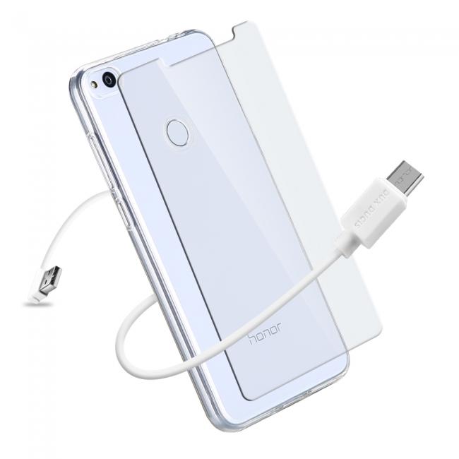DUX DUCIS dėklai, 3in1 komplektas, Huawei Honor 9, TPU 0.3mm skaidrus deklas, USB kabelis 50cm, Grudintas stiklas H9, 2.5D