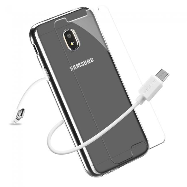 DUX DUCIS dėklai, 3in1 komplektas, Samsung J3 2016, 0.3mm skaidrus deklas, USB kabelis 50cm, Grudintas stiklas H9, 2.5D
