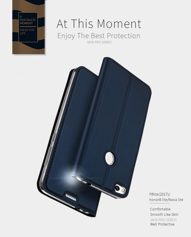 Dėklas Huawei P8 lite 2017, P9 lite 2017, silikonas 0,3mm, su magnetu, melynas, atverčiamas į šoną, DUX DUCIS SKIN PRO