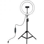 LED žiedinė lempa 26cm, su trikoju stovu iki 1.1m ir telefono laikikliu, USB