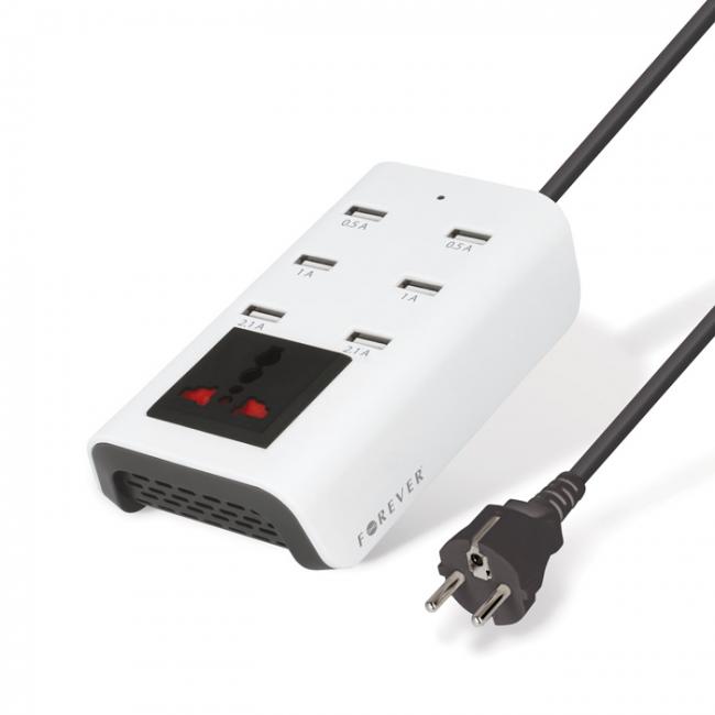 Buitinis kroviklis USB su UK / US / EU AC rozete + USBx6, 4.8A, 24W, baltas, FOREVER