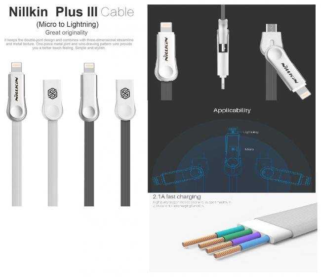 Kabelis USB - micro USB to IPHONE, 2in1 USB kabelis micro USB to Lighting, Iphone 5, 5s, 5se, 6, 6s, 6 Plus, 6s Plus, Plus III, Palaiko greitą įkrovimą ir duomenų perdavimą USB 3.0, 2,1A, 1m, NILLKIN