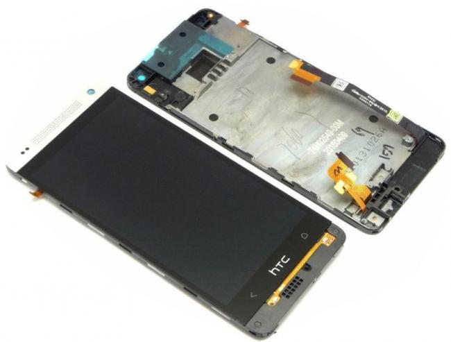 Ekranas su lietimui jautriu stikliuku HTC One Mini (M4) su rėmeliu sidabrinis originalus (service pack)